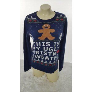 Xhilaration Christmas Holiday Ugly Sweater Gingerbread Funny Women size M Blue